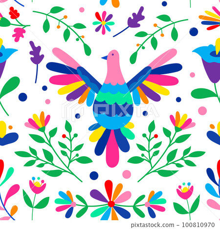 Mexican otomi embrodery seamless pattern. Colorful Mexican Traditional Textile Embroidery Style. Folk otomi style graphic, wallpaper. Festive mexican floral motif. 100810970