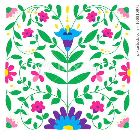 Mexican otomi embrodery ornament. Colorful Mexican Traditional Textile Embroidery Style. Folk otomi style graphic, wallpaper. Festive mexican floral motif. 100810973