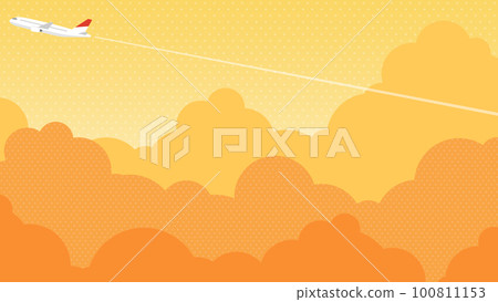 飛機飛過夕陽的天空背景素材（橫向16:9） 100811153