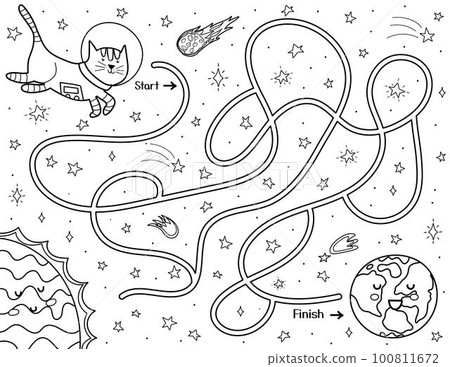 Help a cute cat astronaut find a way to the Earth. Black and white space maze for kids Help a cute cat astronaut find a way to the Earth. Black and white space maze for kids 100811672