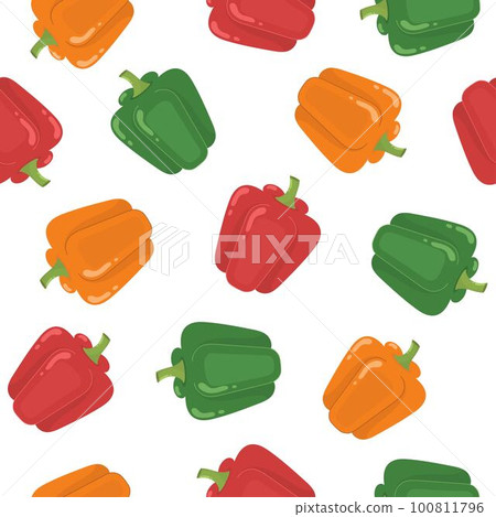 Green, red and orange peppers seamless pattern. Healthy vegetable background Green, red and orange peppers seamless pattern. Healthy vegetable background 100811796