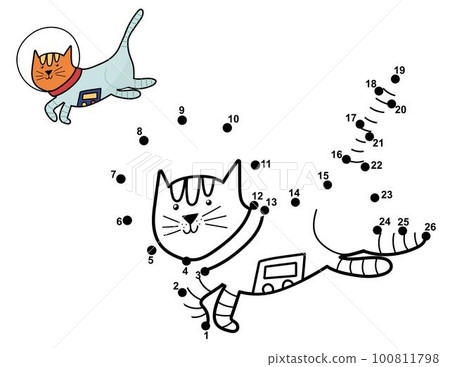 Connect the dots and draw a cute cat astronaut. Space dot to dot game Connect the dots and draw a cute cat astronaut. Space dot to dot game 100811798