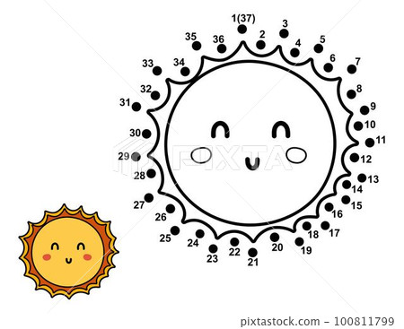 Connect the dots and draw cute sun character. Space dot to dot game Connect the dots and draw cute sun character. Space dot to dot game 100811799