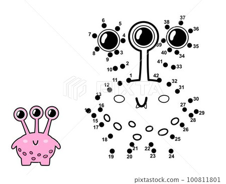 Connect the dots and draw a cute alien character. Join the numbers activity page with funny monster Connect the dots and draw a cute alien character. Join the numbers activity page with funny monster 100811801