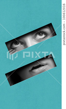 Black and white image of female face pats. lips and eyes against abstract blue background. Contemporary art collage. Conceptual design. 100812016