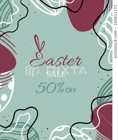 Easter sale banner. Trendy design with typography, hand painted plants, dots, eggs and bunny 100812155
