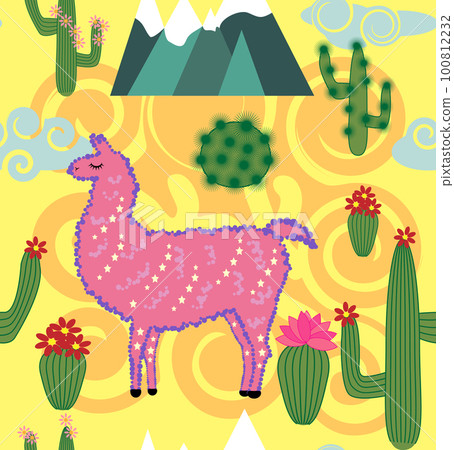 Illustration of seamless pattern with cute cartoon llama alpaca with cactus and design elements on pink background in flat cartoon style. 100812232