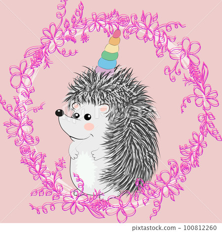 A cute cartoon hedgehog with a unicorn horn on a rainbow. Concept everyone can be a unicorn A cute cartoon hedgehog with a unicorn horn on a rainbow. Concept everyone can be a unicorn 100812260