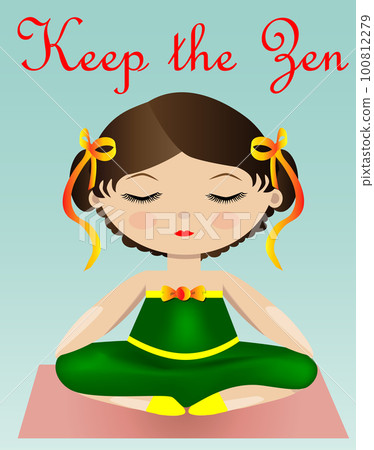 Female yoga. A girl in a green suit is sitting in a lotus pose. illustration of a woman practicing yoga. 100812279