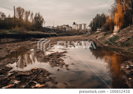 Polluted river with garbage and industrial waste illustration generative ai 100812438