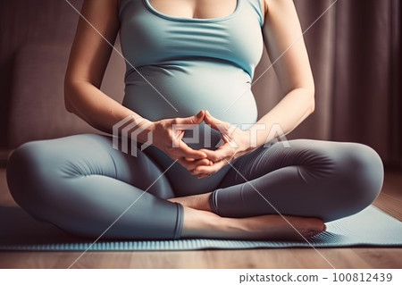 Healthy happy pregnant woman doing yoga meditating illustration generative ai 100812439