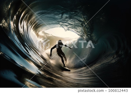 silhouette of surfer catching the wave with sun on the back illustration generative ai silhouette of surfer catching the wave with sun on the back illustration generative ai 100812443