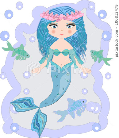 Cartoon beautiful little mermaid in a wreath. Siren. Sea theme. 100812479