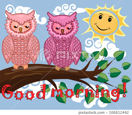 Two bright, cartoon, lovely, colorful owl-girls drink coffee on a flowering branch of a tree. Morning, breakfast 100812492