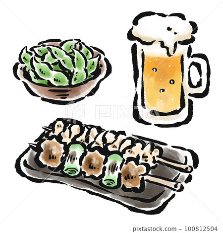 烤雞肉串、青大豆、啤酒刷觸摸圖矢量 100812504