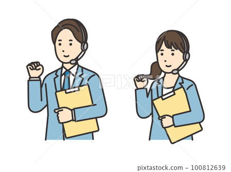 Illustration set of female and male operators holding materials and doing guts pose Illustration set of female and male operators holding materials and doing guts pose 100812639