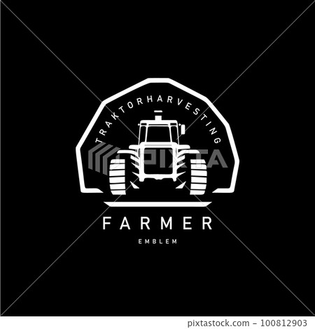Tractor emblem, farm workhorse sign, agriculture logo, Fieldwork Machinery icon. Vector illustration. Tractor emblem, farm workhorse sign, agriculture logo, Fieldwork Machinery icon. Vector illustration. 100812903