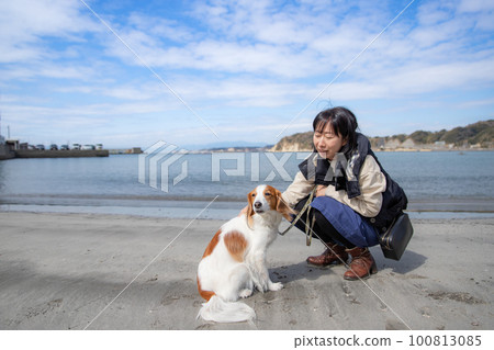 Woman stroking koykerhondje on the beach in spring Woman stroking koykerhondje on the beach in spring 100813085
