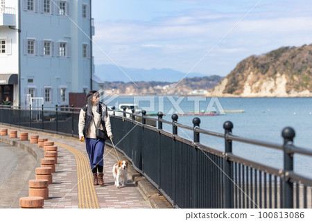 一名婦女和她的狗 Koikerhondje 沿著海岸小徑散步 一名婦女和她的狗 Koikerhondje 沿著海岸小徑散步 100813086