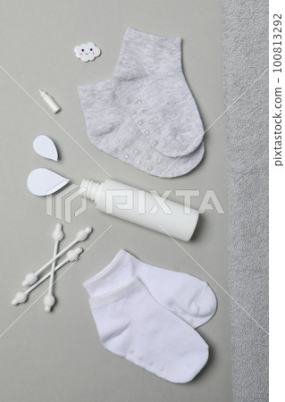 Concept of child bodycare, child cosmetic, top view 100813292