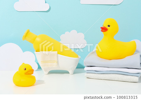 Concept of child bodycare, child cosmetics and bathroom accessories Concept of child bodycare, child cosmetics and bathroom accessories 100813315