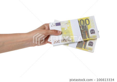 Female hand with Euro money isolated on white background Female hand with Euro money isolated on white background 100813334
