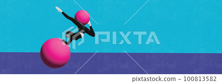 Gymnastics. Flexible young girl training with fitness balls, doing stretching exercises against blue background. Contemporary art collage. Bright colorful design. Gymnastics. Flexible young girl training with fitness balls, doing stretching exercises against blue background. Contemporary art collage. Bright colorful design. 100813582