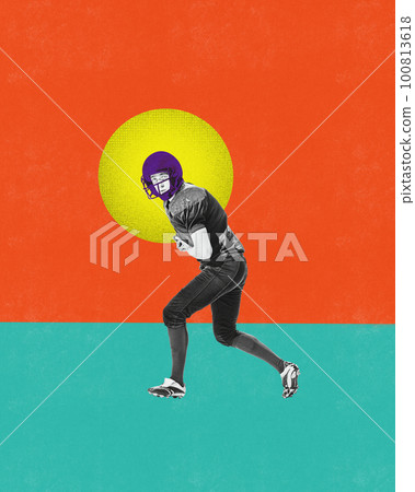 Competitive young man, american football player in uniform training, playing over multicolored abstract background. Contemporary art collage. Bright colorful design. Competitive young man, american football player in uniform training, playing over multicolored abstract background. Contemporary art collage. Bright colorful design. 100813618