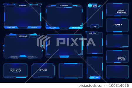 Game stream frames. Futuristic gamers live streaming interface screen, mmo game menu garish frames flat vector illustration set. Gamers stream elements Game stream frames. Futuristic gamers live streaming interface screen, mmo game menu garish frames flat vector illustration set. Gamers stream elements 100814056