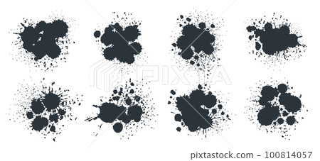 Black paint drops vector set. Abstract ink splashes and spots, grunge ink splatters. Ink messy drops silhouettes flat vector illustration bundle Black paint drops vector set. Abstract ink splashes and spots, grunge ink splatters. Ink messy drops silhouettes flat vector illustration bundle 100814057