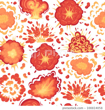 Cartoon bomb explosions vector seamless pattern. Dynamite detonation fire burning clouds, bomb explosion with fire and smoke clouds vector background illustration 100814058
