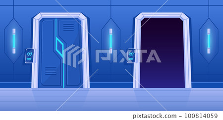 Cartoon vector spaceship gateway. Futuristic closed and open gates, space ship doors to control room flat vector illustration Cartoon vector spaceship gateway. Futuristic closed and open gates, space ship doors to control room flat vector illustration 100814059