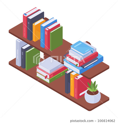 Isometric bookshelves vector concept. Library room or home interior bookshelves, book stack on school bookcase 3d vector illustration Isometric bookshelves vector concept. Library room or home interior bookshelves, book stack on school bookcase 3d vector illustration 100814062