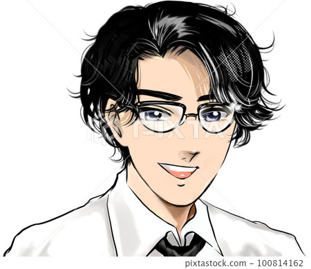 Handsome black hair perm, color cartoon illustration transparent background where a doctor in glasses makes a house call and gives advice with a smile Handsome black hair perm, color cartoon illustration transparent background where a doctor in glasses makes a house call and gives advice with a smile 100814162