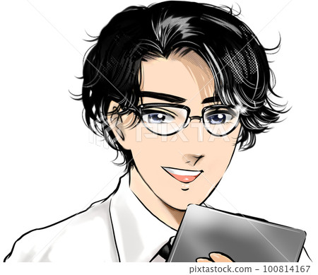 Cartoon illustration of a handsome glasses black-haired doctor examining a tablet with a smile Cartoon illustration of a handsome glasses black-haired doctor examining a tablet with a smile 100814167