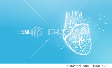 Human heart. Wireframe low poly style. Concept for medical science, cardiology illness. Abstract modern 3d vector illustration on blue background Human heart. Wireframe low poly style. Concept for medical science, cardiology illness. Abstract modern 3d vector illustration on blue background 100815289