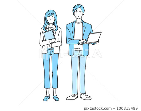 Male and female businessmen with laptops Male and female businessmen with laptops 100815489