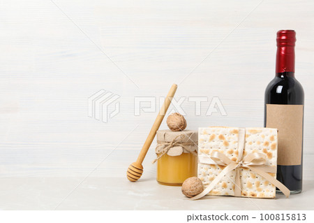 Concept of jewish Passover holiday, space for text 100815813