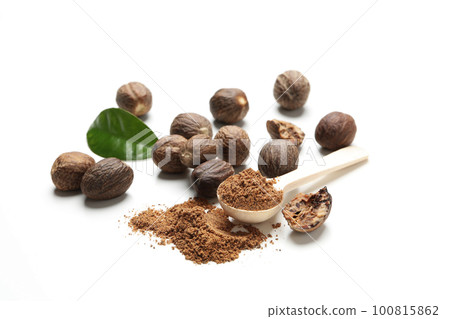 Concept of different spices and condiments, nutmegs Concept of different spices and condiments, nutmegs 100815862