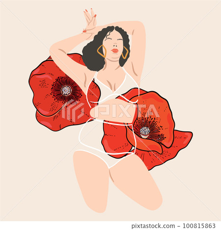 Body positive. Self-love. Love for your body. The woman in her underwear with red poppies flowers. Plus size beautiful lady. Women's solidarity and women's empowerment Body positive. Self-love. Love for your body. The woman in her underwear with red poppies flowers. Plus size beautiful lady. Women's solidarity and women's empowerment 100815863