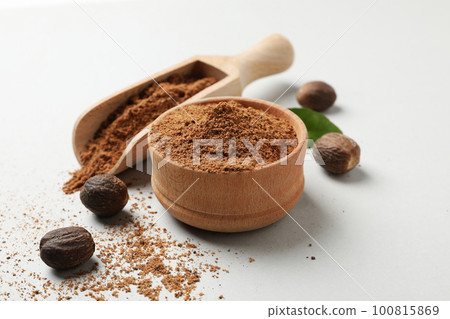 Concept of different spices and condiments, nutmegs Concept of different spices and condiments, nutmegs 100815869