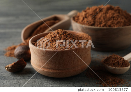 Concept of different spices and condiments, nutmegs Concept of different spices and condiments, nutmegs 100815877