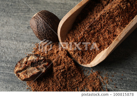 Concept of different spices and condiments, nutmegs 100815878
