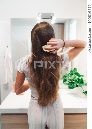Back view, vertical photo unrecognizable woman brushing her long brown hair  100816213
