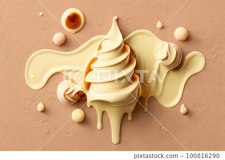 Swirled vanilla ice cream melting on a caramel background 100816290