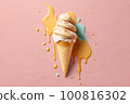 Peanut butter ice cream cone illustration melting on a pink background 100816302