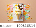 Vannila ice cream cone on a white plate on a messy colorful background 100816314