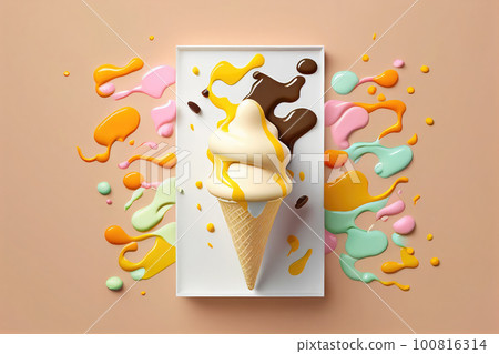 Vannila ice cream cone on a white plate on a messy colorful background Vannila ice cream cone on a white plate on a messy colorful background 100816314