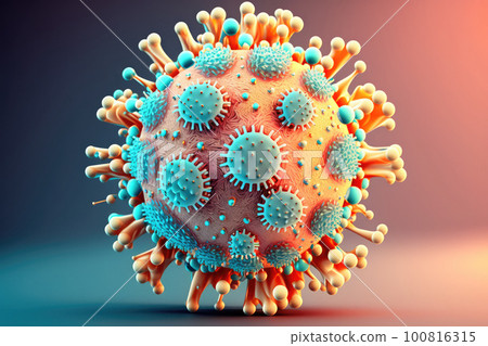 Blue and orange virus cell close up illustration on a pink and blue ombre background  100816315