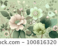 Pastel light green and pink flowers illustration on a light green background 100816320